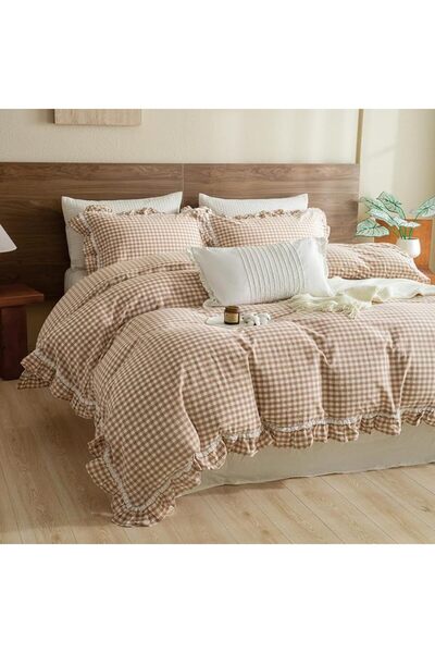 QSHP QSH Washed Cotton Duvet Cover King Ruffle Duvet Cover Linen Feel Texture...
