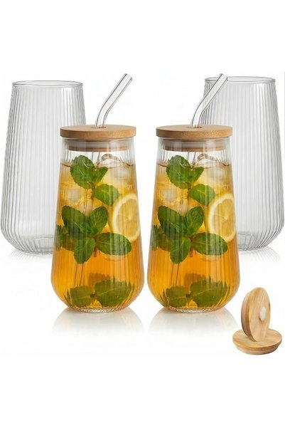 GENERAL Angju 4 Pack Glass Tumbler 500ml with Bamboo Lid and Straw-Reusable I...
