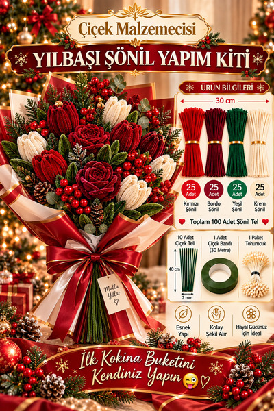 KLC Çiçek Malzemecisii Yılbaşı Çiçek Yapım Seti – 30 cm Şönil Tel, 4 Renk, 10...
