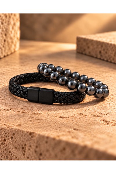 Kumru Studio Hematite Natural Stone and Black Leather Men's Bracelet Set