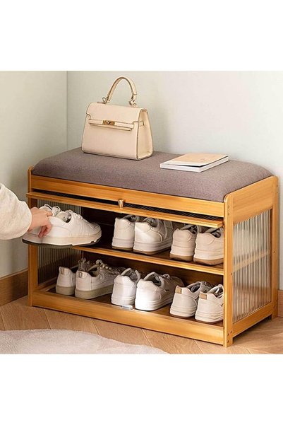 XICEN Bamboo Shoe Bench, 3-Tier Shoe Bench Cabinet with Cushion, Dust-Blockin...
