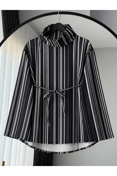 Hepsi Moda تونيك سكوبا مخطط بياقة ديجاجي - 944 - أسود