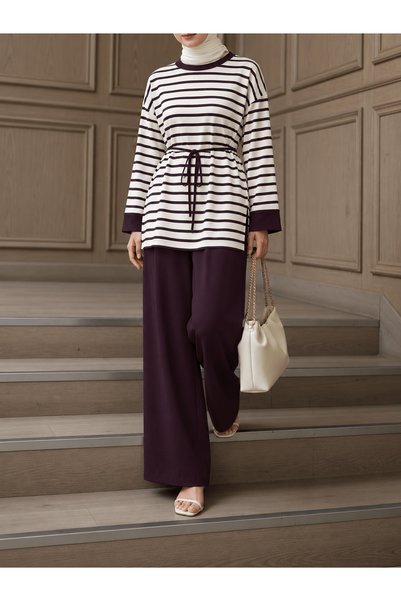 Hepsi Moda Striped Trouser Suit - 0221 - Plum