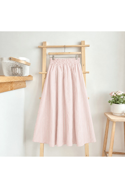 Hepsi Moda Striped Skirt with Pockets - Hpm - White & Pink (Os)
