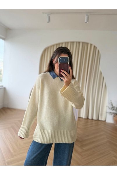 yeditepe fashion سترة تريكو كبيرة الحجم ذات ياقة متموجة ونقشة مربعات