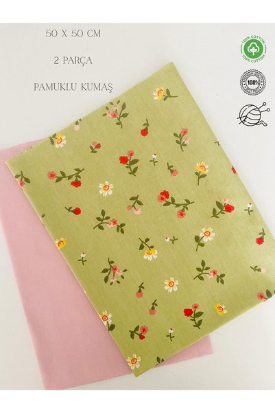 seyranat 2 Adet En Boy 50 cm Yeşil Çiçekli, Düz Pudra Renk Hobi İşleri İçin P...