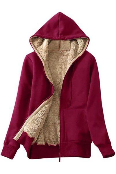 GENERAL Ladies Plain Hoodie Women Fluffy Coat Winter Warm Fleece Lined Zip Up...