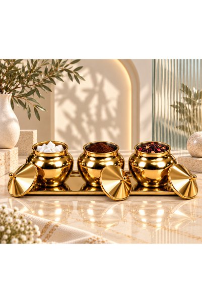 FAYAT HEDİYELİK طقم توابل فاخر مكون من 3 قطع مع صينية مطلية بالذهب - طقم وعاء...