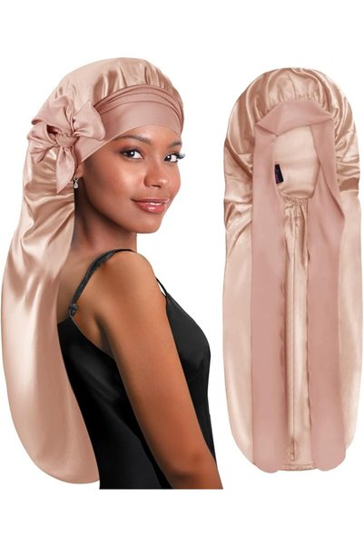 BONNET QUEEN قبعة نوم حريرية قابلة للطي طويلة جدًا للضفائر، قبعة ساتان للنوم