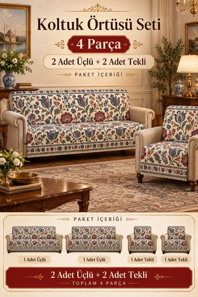 GECE MODA Çok Amaçlı Koltuk Örtüsü,Çekyat Örtüsü seti Kaymaz süngerli 3,3,1,1