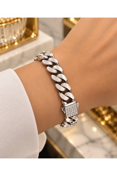 14K Altın Kaplama Gümüş Renk Taşlı Kilit Gurmet Bileklik