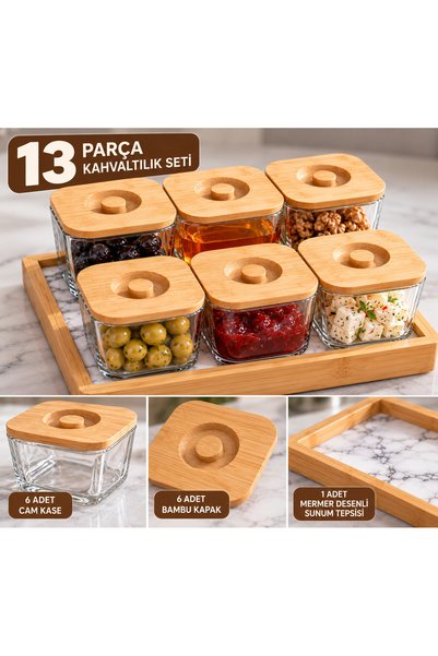 13 Parça Bambu Kapaklı Cam Kahvaltılık Seti 6'lı 200 ml Mermer Desenli Sunum Tepsili