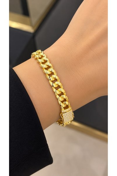 14K Altın Kaplama Taşlı Kilit Gurmet Zincir Bileklik