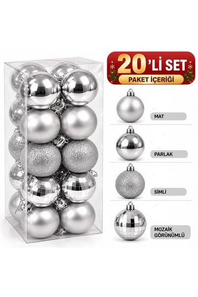 Bkmc Yılbaşı Ağaç Süsü 20'li Set 4 cm Mat Parlak Dekoratif Çam Ağacı Topu Kırmızı Gümüş Gold Noel Ağacı Süsü Yılbaşı Ağaç Süsü