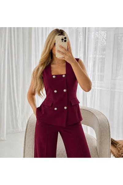 Ekim Store Burgundy Stone Buttoned Vest and Trousers Set