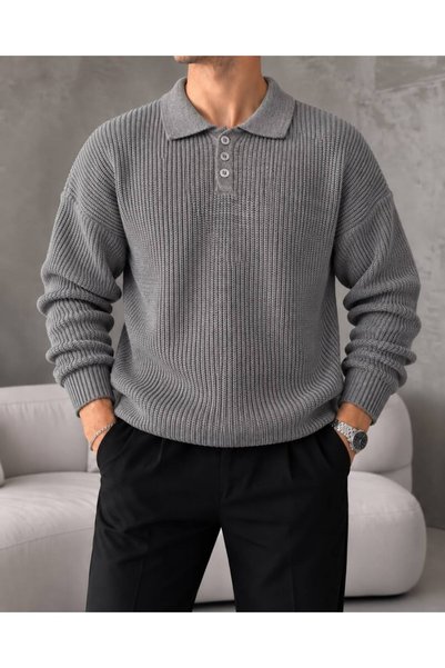 Quafash Arco Premium Textured Knitwear Buttoned Polo Collar Long Sleeve Men's...