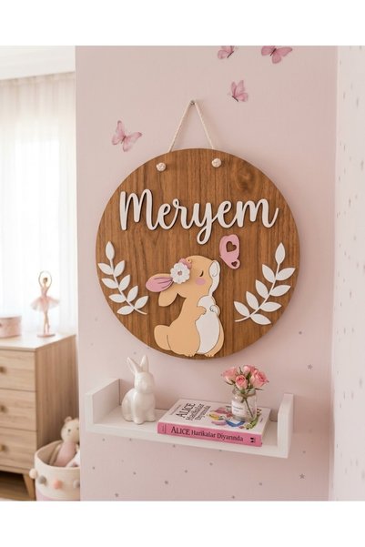 mebaconcept Kişiye Özel İsme Özel Ahşap Bebek Odası Kapı Süsü - Tavşan ve Kel...
