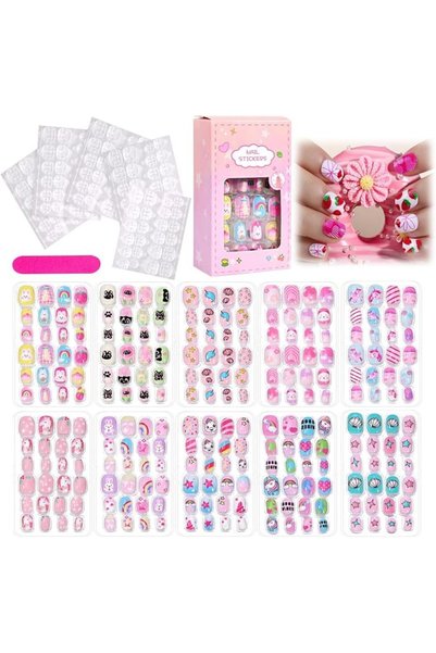 Novax Tazweeq 240Pcs Kids Press on Nails, Short Stick on Nails for Girls, Fal...