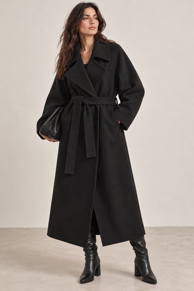 soBasic Kadın Premium Kaşe Kaban Oversize Kalıp Kuşaklı Uzun Şık Kışlık Kaban