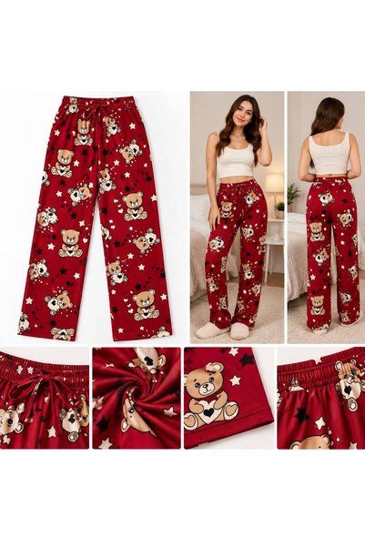 Koriwear Kadın Beli Lastikli Geniş Paça Kalpli Ayıcık Desenli Rahat Pijama Altı