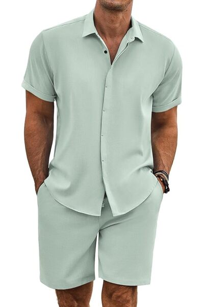 COOFANDY Men's Summer Beach Outfits 2 Piece Short Sleeve Shirts and Shorts Va...