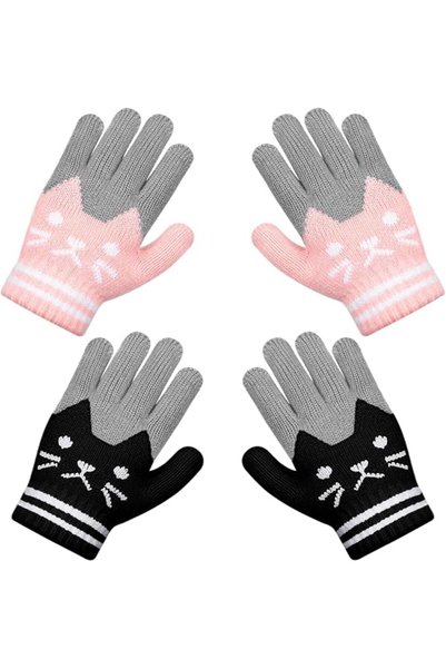 TERRIFI 2 Pairs Kids Winter Gloves, Cute Cat Knitted Thermal Gloves, Soft Str...