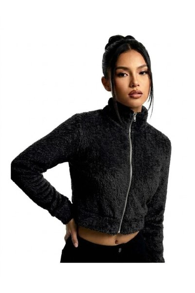 Rosy Live in style Crop top de damă din țesătură de pluș, cu fermoar frontal,...