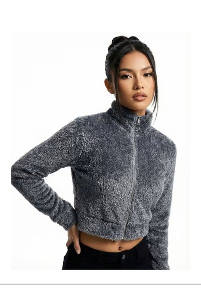 Rosy Live in style Crop top de damă din țesătură de pluș, cu fermoar frontal,...