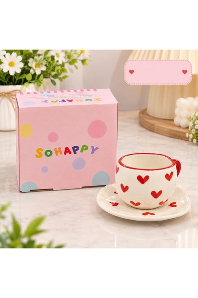 wafra store طقم كوب سيراميك مع صحن بنقشة قلوب حمراء صغيرة - فنجان قهوة وشاي ب...