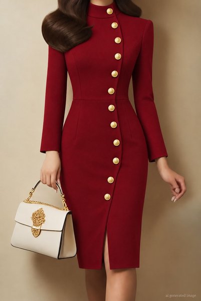 Generic Brand Women's Long Sleeve Turtleneck Buttoned Midi Imported Crepe Dress