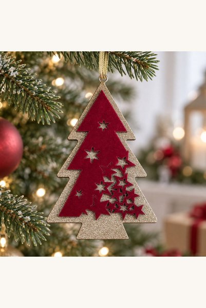 Comerivo Decoratiune Craciun din Lemn cu Stele si Glitter Sampanie 9x13cm Rosu