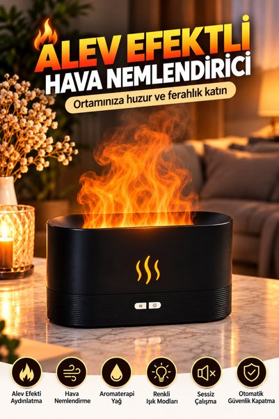 Abbruch Alev Efektli Hava Nemlendirici RGB Işıklı Aromaterapi Difüzörü Sessiz...