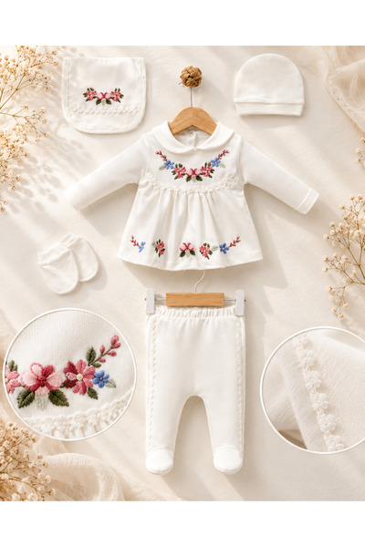 Arinpexa 5-Piece Organic Cotton Flower Embroidered Newborn Baby Girl Zibin Se...