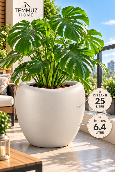 TEMMUZ HOME Lale 2 No 25 Litre Dekoratif Saksı (6.4 Litre Drenaj Delikli İç Kovalı) Büyük Boy İç ve Dış Mekân Çiçek ve Bitki Saksısı