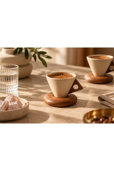 ZZAHOME Ahşap Tabanlı Koni Türk Kahvesi Fincanı – 2’li Set