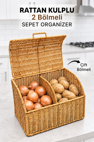 naturelove 2 Bölmeli Rattan Görünümlü Kapaklı Patates Soğan Sepeti – Kulplu S...