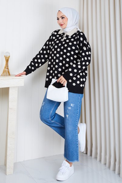 Pamuk Butik Women's Polo Neck Spotted Knitwear Tunic Sweater