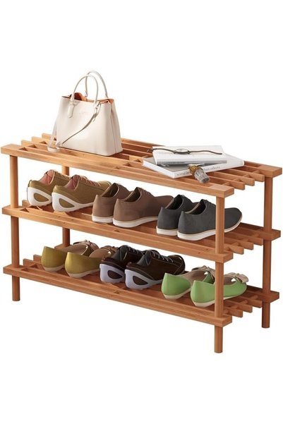 Moment 3 Tier Bamboo Shoe Rack, Free Standing Wooden Shoes Shelf Boots Storag...