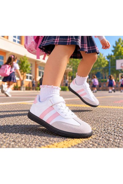 Dark Heel Unisex White Pink Thermo Sole Children's Sports Shoes with Side Str...
