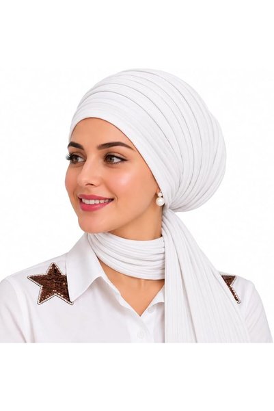 GENERAL Turban With Long Shawl, 70% Egyptian Cotton, 2 Pieces Stretch Hat And...