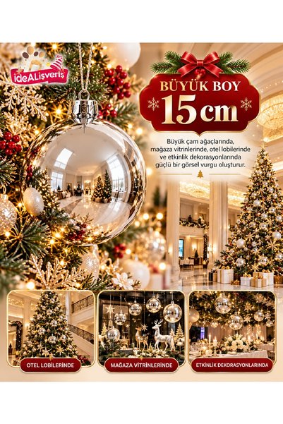Bkmc Lüks Yılbaşı Ağaç Süsü 15 cm Büyük Boy Dekoratif Top Gümüş Gold Kırmızı Bordo Renk Seçenekli Noel Ağacı Süsü Yılbaşı Ağaç Süsü