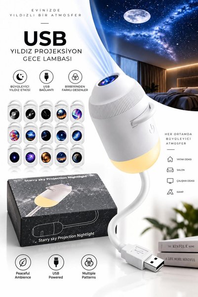 cabrıvox 24 DİSK USB Yıldız Projektör Gece Lambası Galaksi Projektörü Ay Yıld...