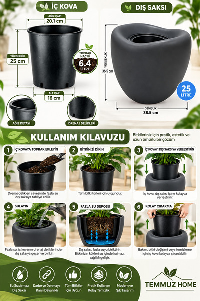 TEMMUZ HOME Lale 2 No 25 Litre Dekoratif Saksı (6.4 Litre Drenaj Delikli İç Kovalı) Büyük Boy İç ve Dış Mekân Çiçek ve Bitki Saksısı
