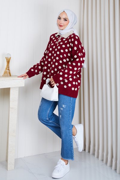 Pamuk Butik Women's Polo Neck Spotted Knitwear Tunic Sweater