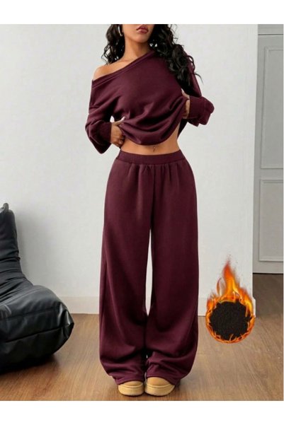 blck & premium Bordo Puf Kumaş Pintrst. Trends Kadın Alt Üst Takım - DO987655