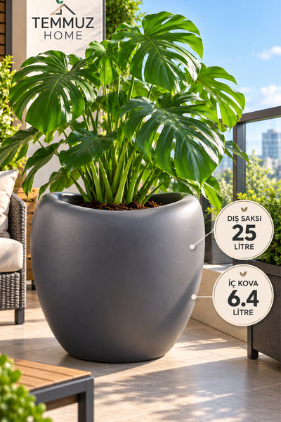 TEMMUZ HOME Lale 2 No 25 Litre Dekoratif Saksı (6.4 Litre Drenaj Delikli İç Kovalı) Büyük Boy İç ve Dış Mekân Çiçek ve Bitki Saksısı
