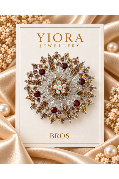 yiora İthal Premium Seri Gümüş Renk Bordo ve Şampanya Kristal Taşlı Büyük Yuv...
