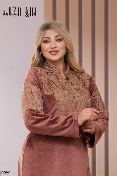 Lyaly aljlabyh جلابية مخمل ملكي فاخرة مطرزة بالذهبي للبيت والمناسبات -ليالي ا...