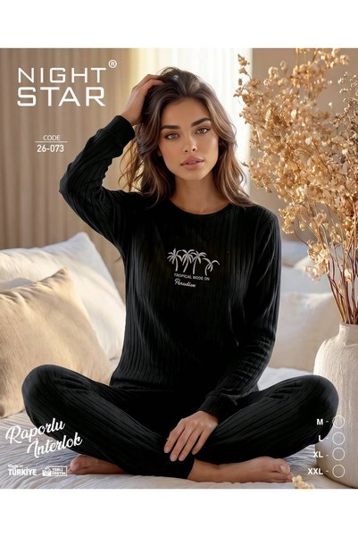 Night Star Set de pijamale negre din bumbac tricotat Roma, cu imprimeu palmier