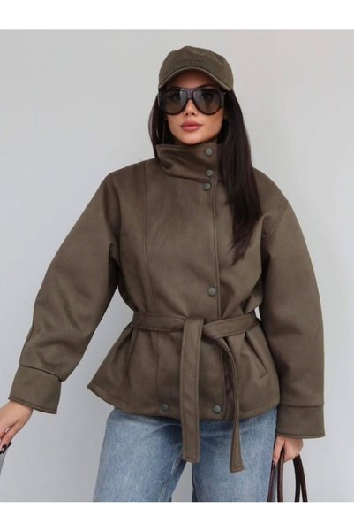 Ekim Store Suede Stand Collar Belted Leather Jacket